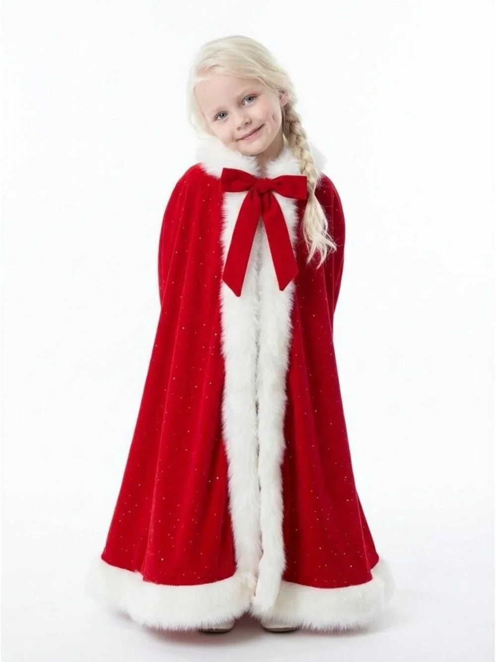 Girls Red Faux Fur Trim Princess Cloak
